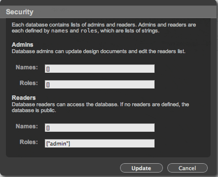 screenshot of the CouchDB security dialog